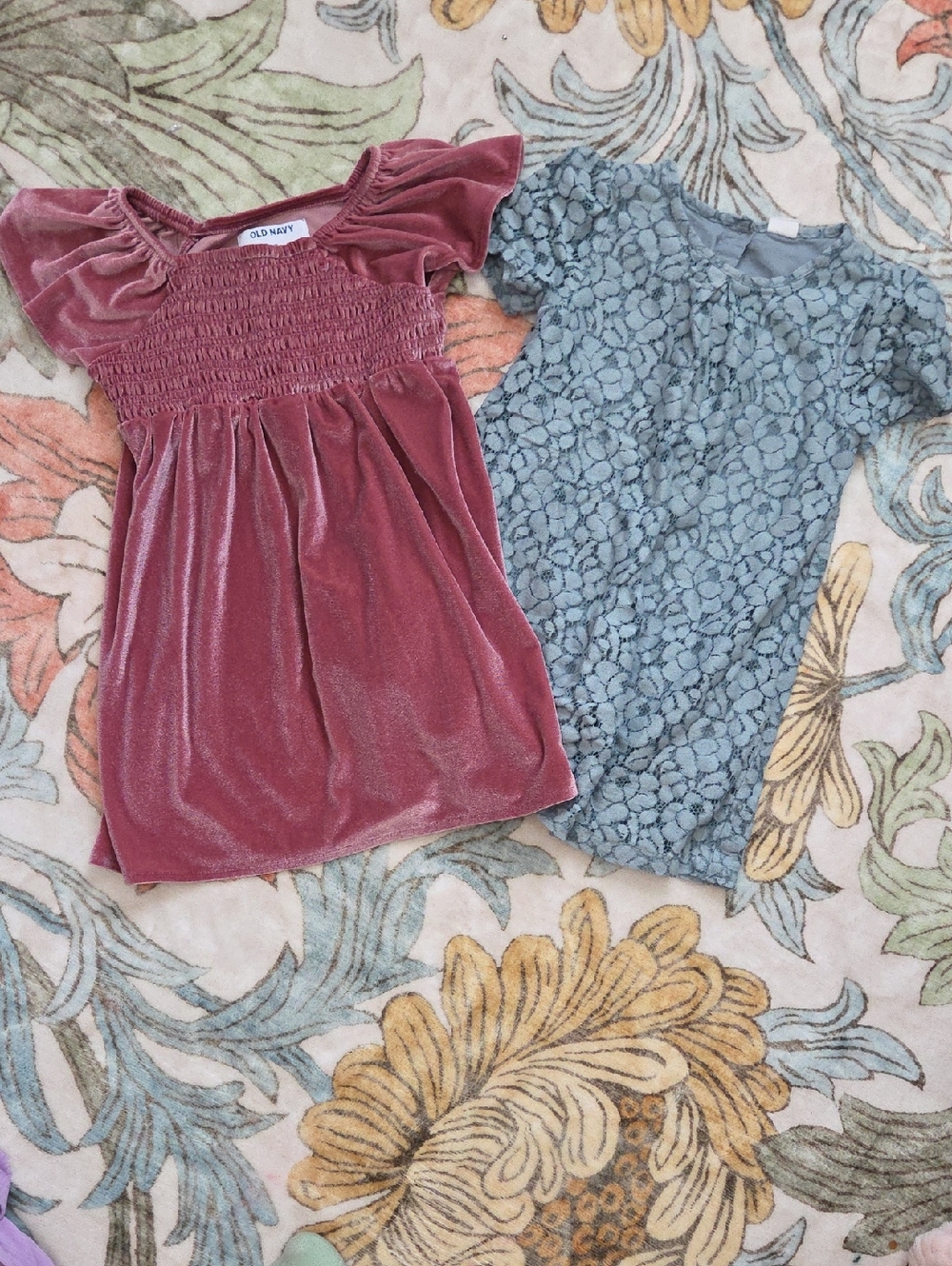 Old Navy Rose Pink Velvet Smocked Dress and Dusty Blue Lace Top